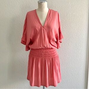 Koch Coral Satin Smocked Waist Mini Dress Size XS Ruffle Short Sleeve V Neck